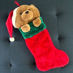Vintage plush 3D Teddy Bear Christmas Stocking, fuzzy soft Santa hat Large 23”